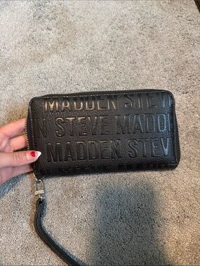 Steve Madden Black Embossed Zip Wallet with Wrist Strap